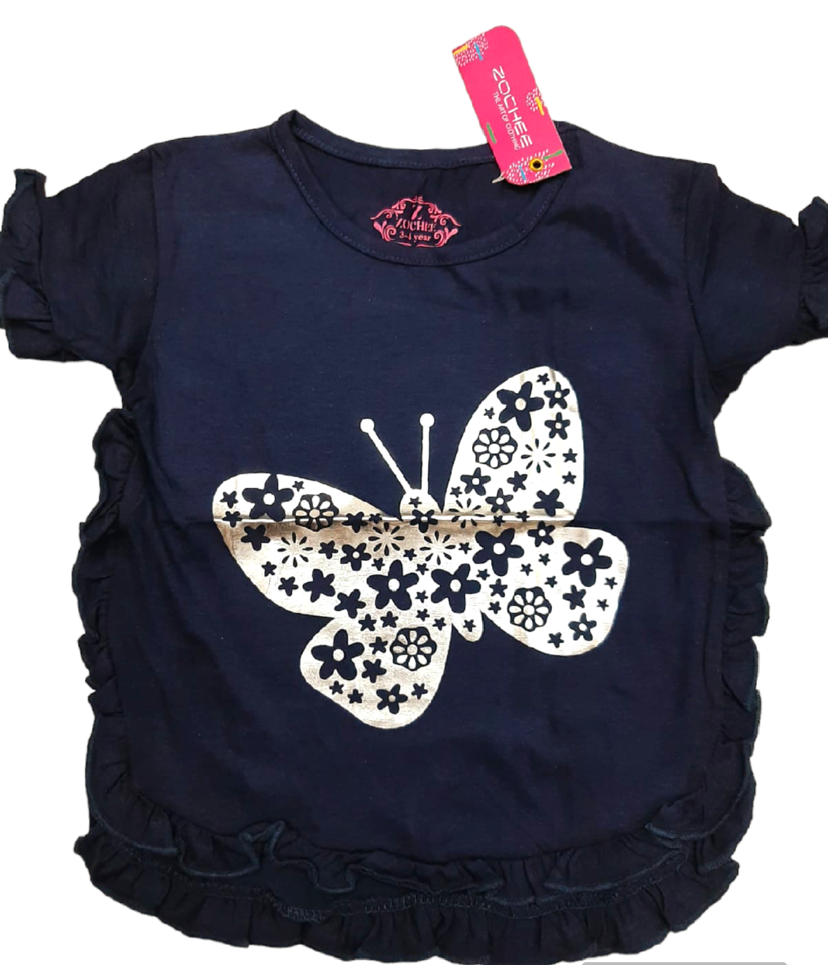 Fancy Navy Blue Butterfly T-Shirt Silver